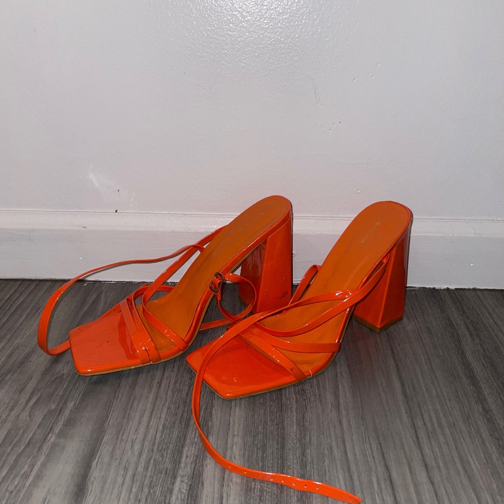 Orange Patent Square Toe Strappy High Block Heeled Sandals